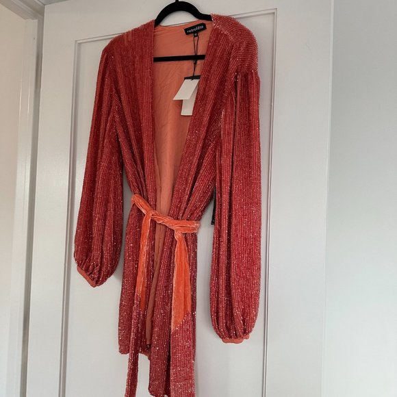 Retrofete Gabrielle Sequin Robe Wrap Mini Dress Sz M Burnt Orange Blouson Sleeve - Picture 4 of 15